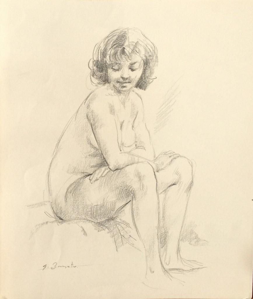 Nudo seduto, ritratto di donna nuda seduta che guarda in basso, di Gigi Busato. Disegno a matita su carta bianco e nero. Collezione di famiglia
