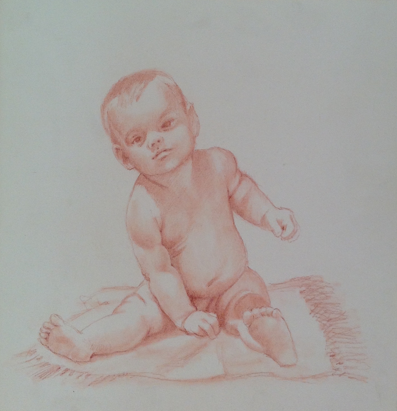 Il pupo disegno di un bambino sul suo tappetino, di Gigi Busato. Disegno sanguigna su carta, collezione di famiglia