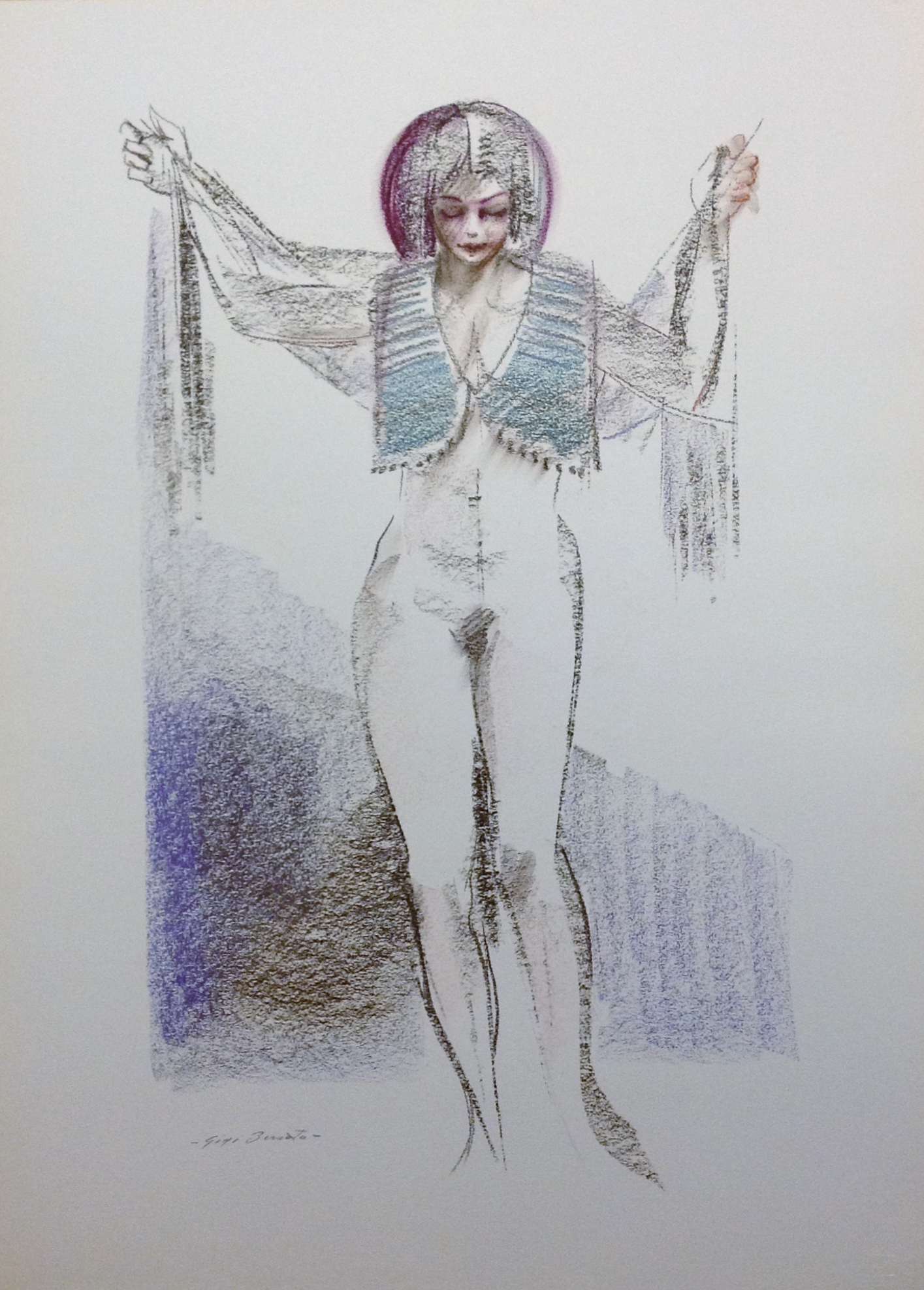 Ambra disegno astratto di donna nuda con mantello ricamato, di Gigi Busato, disegno a pastello su carta colorato, collezione di famiglia