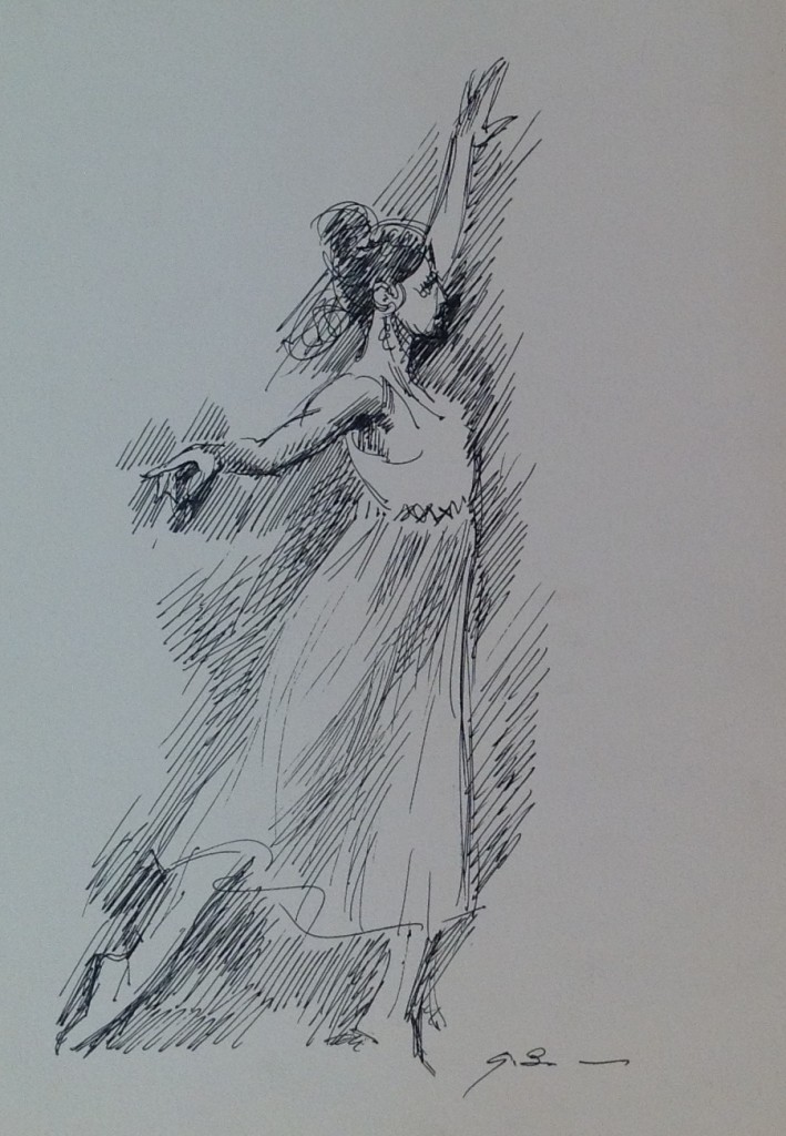 Ballerina in posa di Gigi Busato disegno a penna su carta in bianco e nero collezione di famiglia