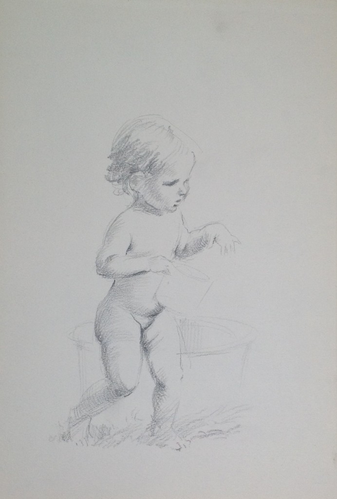 Bambina giovane piccola nipote che gioca con il secchiello di Gigi Busato disegno a matita su carta bianco e nero collezione di famiglia