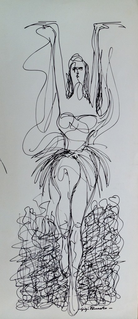 Burlesque donna ballerina con vestito di Gigi Busato disegno a penna su carta bianco e nero  collezione di famiglia