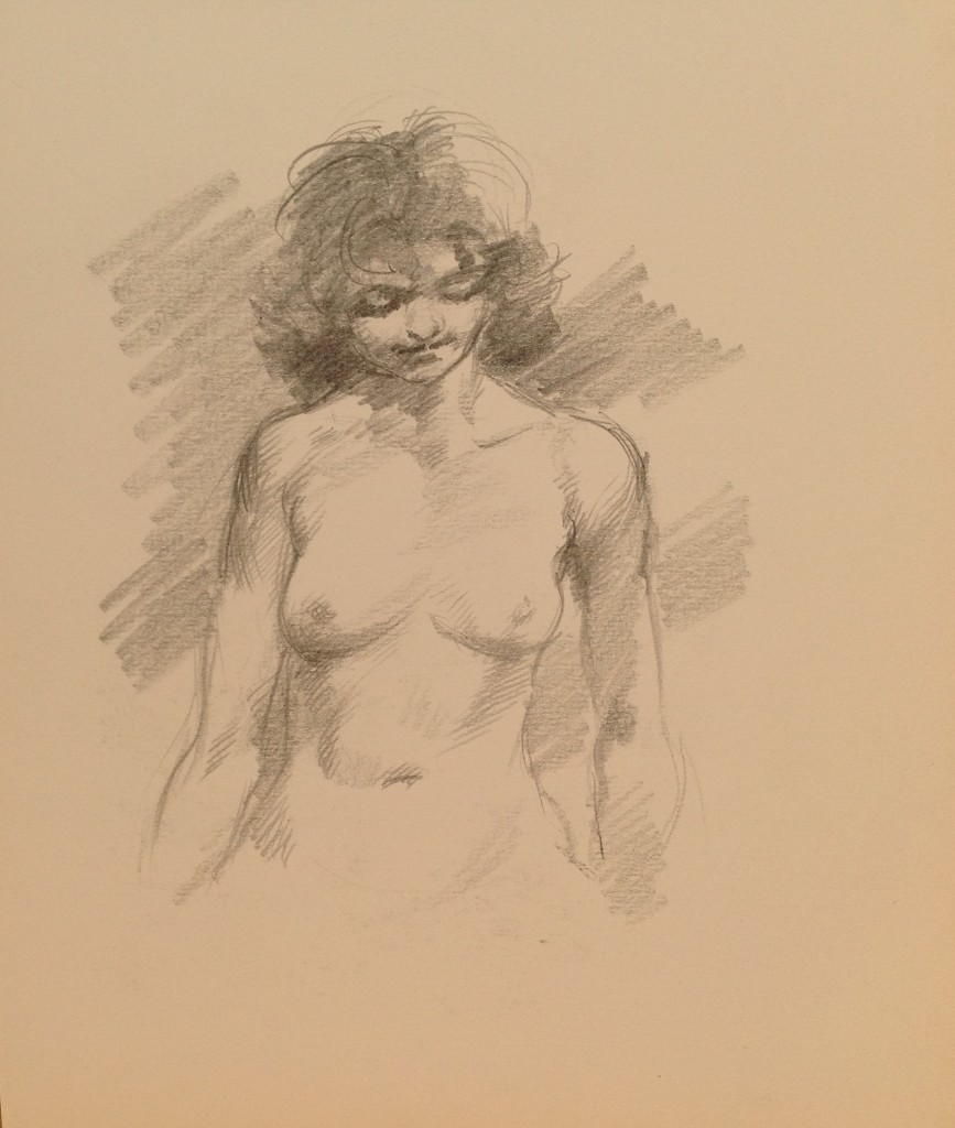 Busto nudo di donna in posa per Gigi Busato, disegno a matita su carta bianco e nero, collezione di fiamiglia