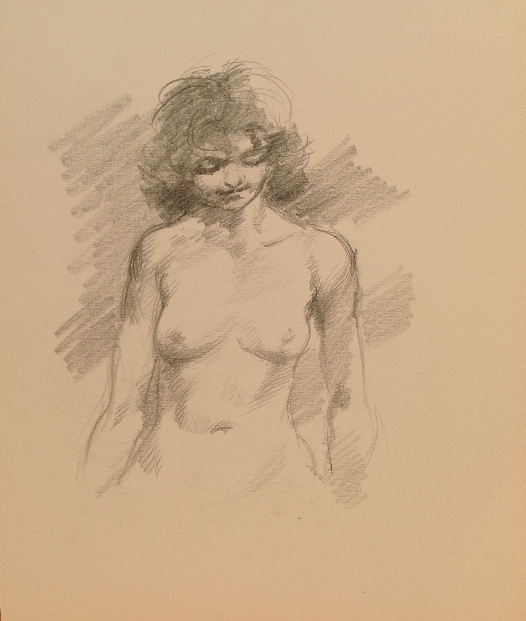 Busto nudo di donna in posa per Gigi Busato, disegno a matita su carta bianco e nero, collezione di fiamiglia