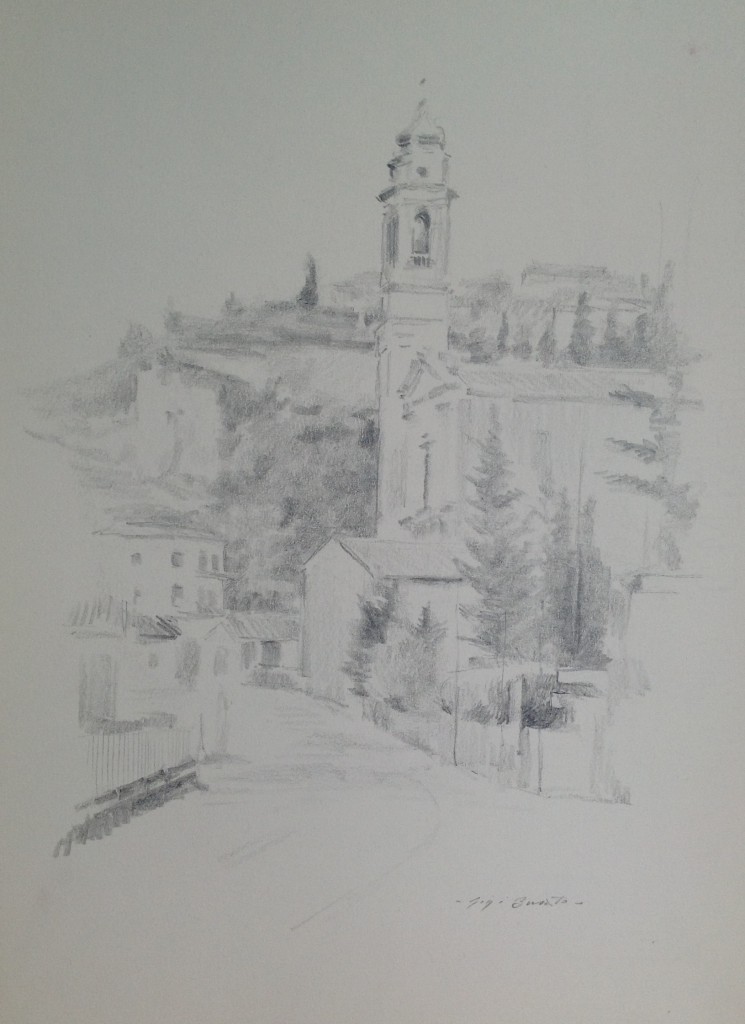 Campanile di Gigi Busato disegno a matita su carta bianco e nero collezione di famiglia