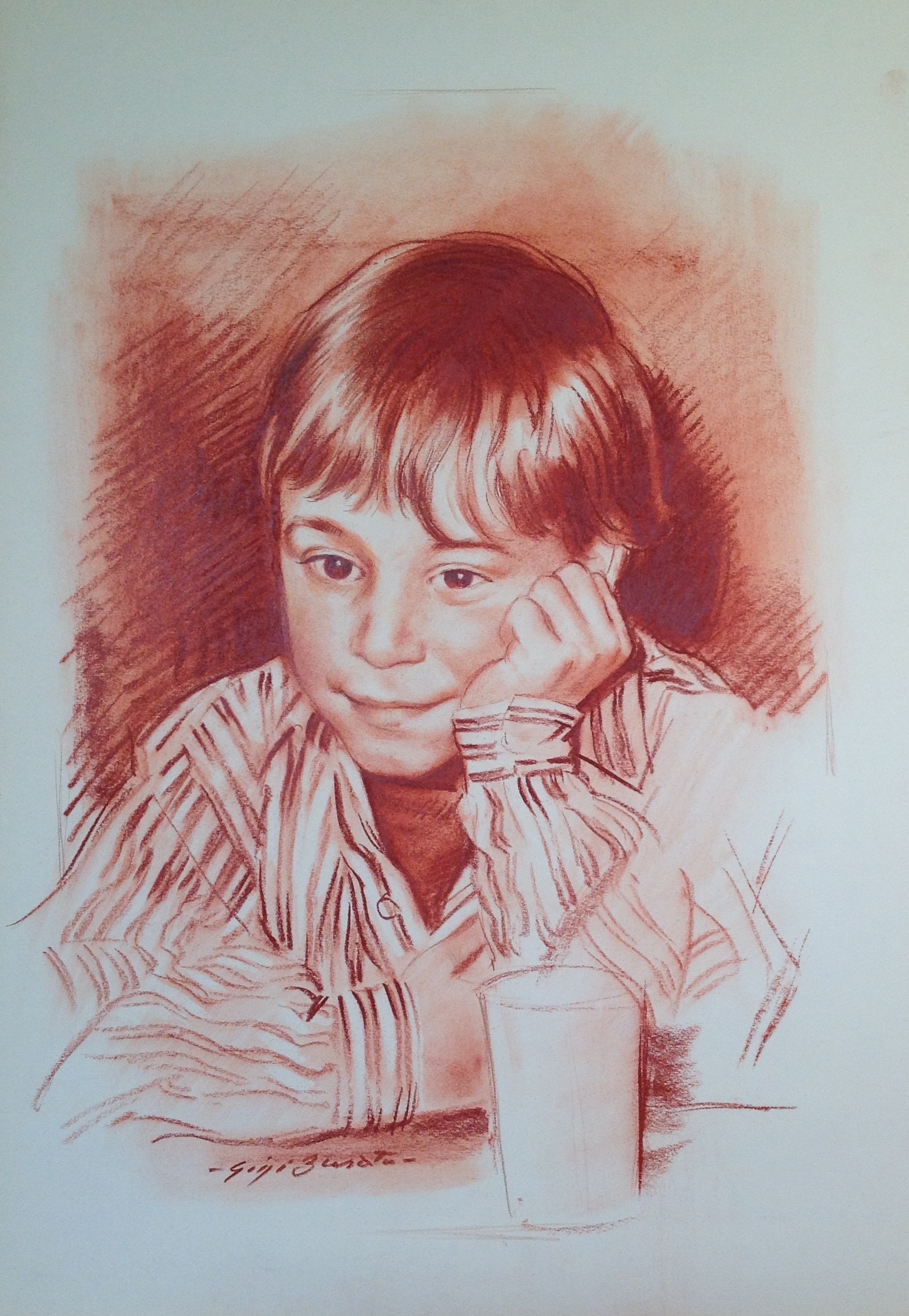 Colazione ritratto di bambino con il bicchiere del latte di Gigi Busato disegno a sanguigna su carta collezione difamiglia
