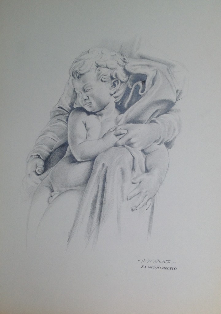 Da Michelangelo, disegno tratto dall'opera di Michelangelo di Gigi Busato. Disegno a matita su carta bianco e nero. Collezione di famiglia