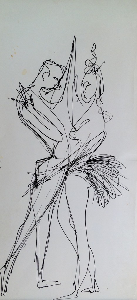 Danzando  disegno di due ballerini, uomo e donna che danzano di Gigi Busato. Disegno a penna  su carta, collezione di famiglia