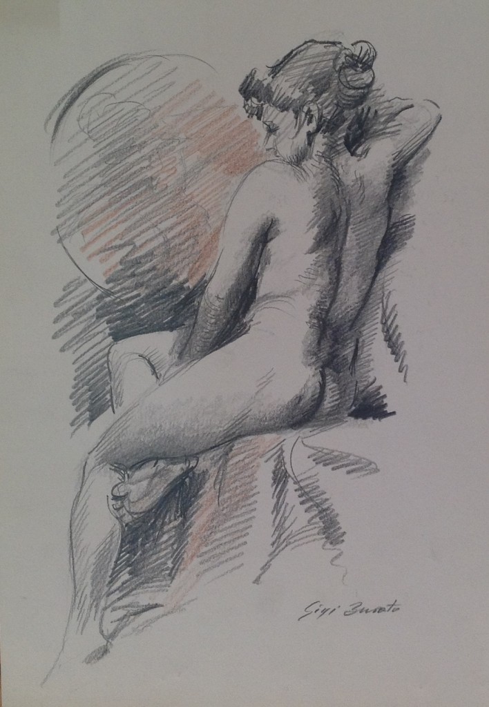 Di riflesso donna nuda seduta di schiena davanti allo specchio di Gigi Busato. Disegno a matita su carta,collezione di famiglia