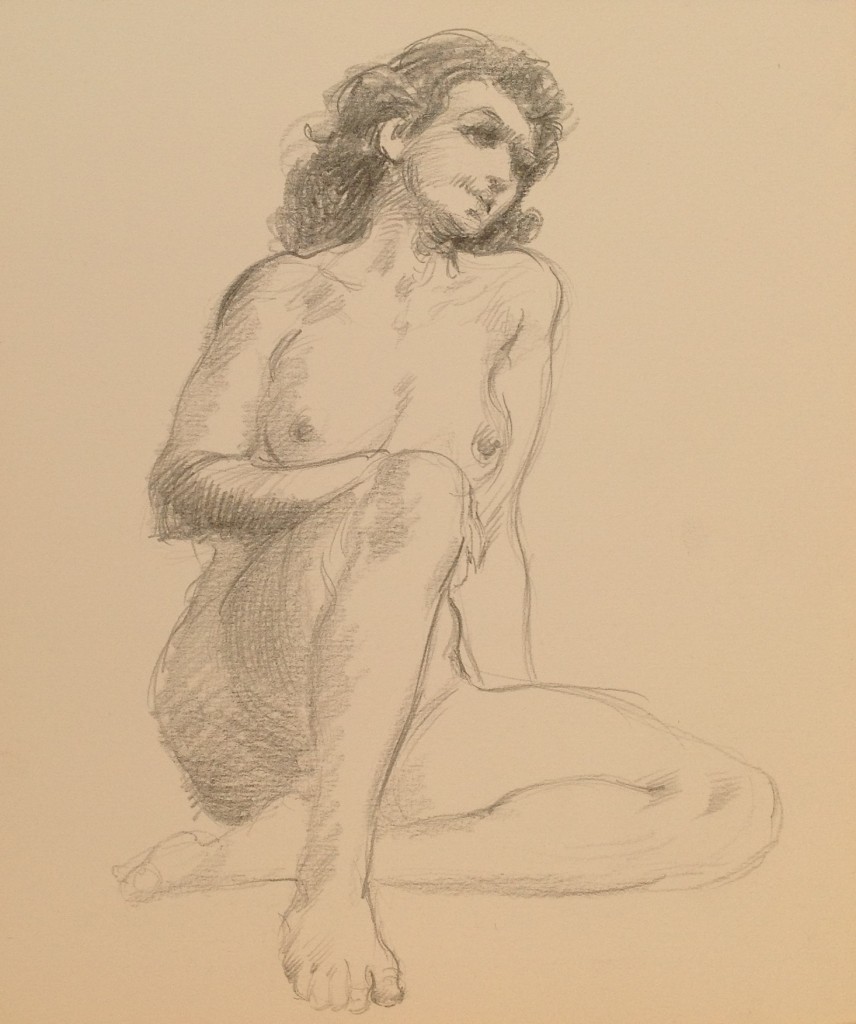 Donna in posa, nudo di donna seduta di Gigi Busato, disegno a matita su carta in bianco e nero, collezione di famiglia