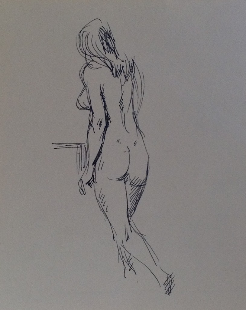Donna in posa nudo di donna, giovane ragazza che posa di schiena. Di Gigi Busato, disegno a penna su carta bianco e nero, collezione di famiglia