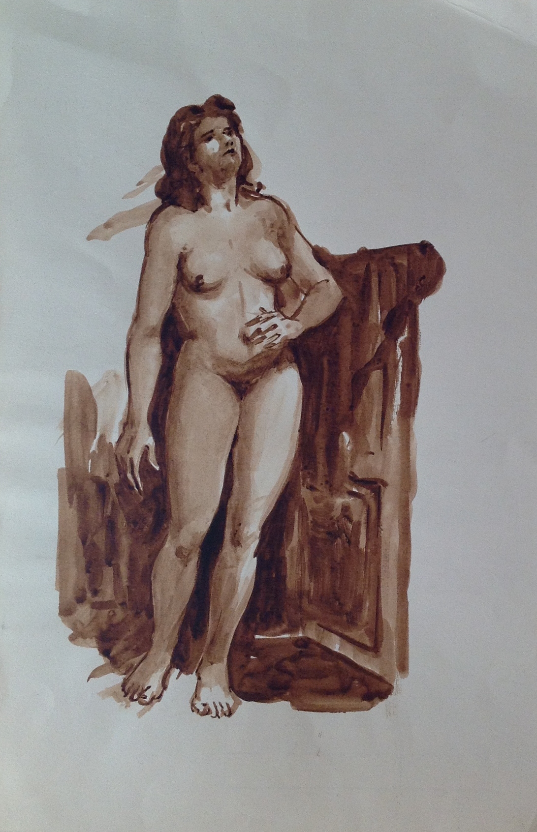 Donna in posa nuda di Gigi Busato disegno guazzo su carta collezione di familgia