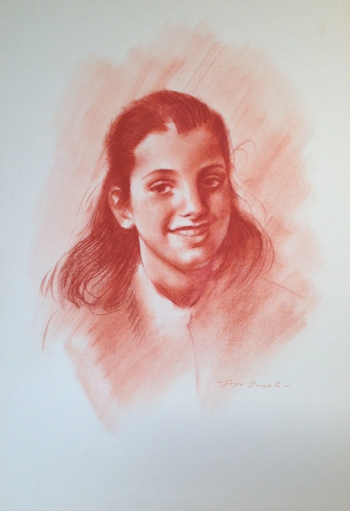 Dopo la scuola giovane ragazza sorridente  di Gigi Busato disegno a sanguigna su carta  collezione di famiglia