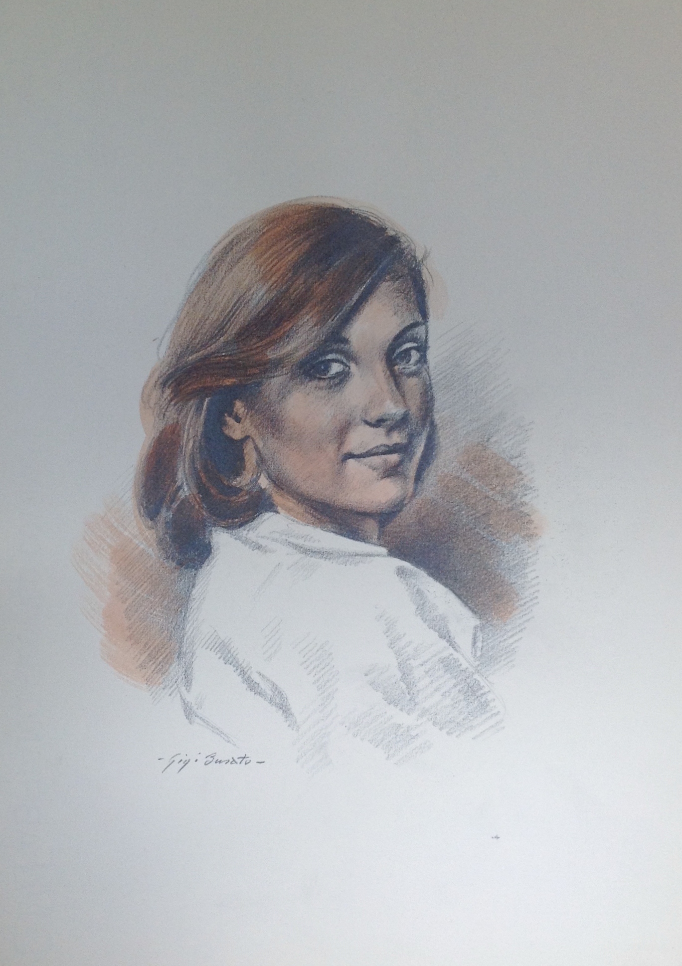 Emanuela ritratto di giovane donna di Gigi Busato, disegno a matita/guazzo su carta a colori, collezione di famiglia