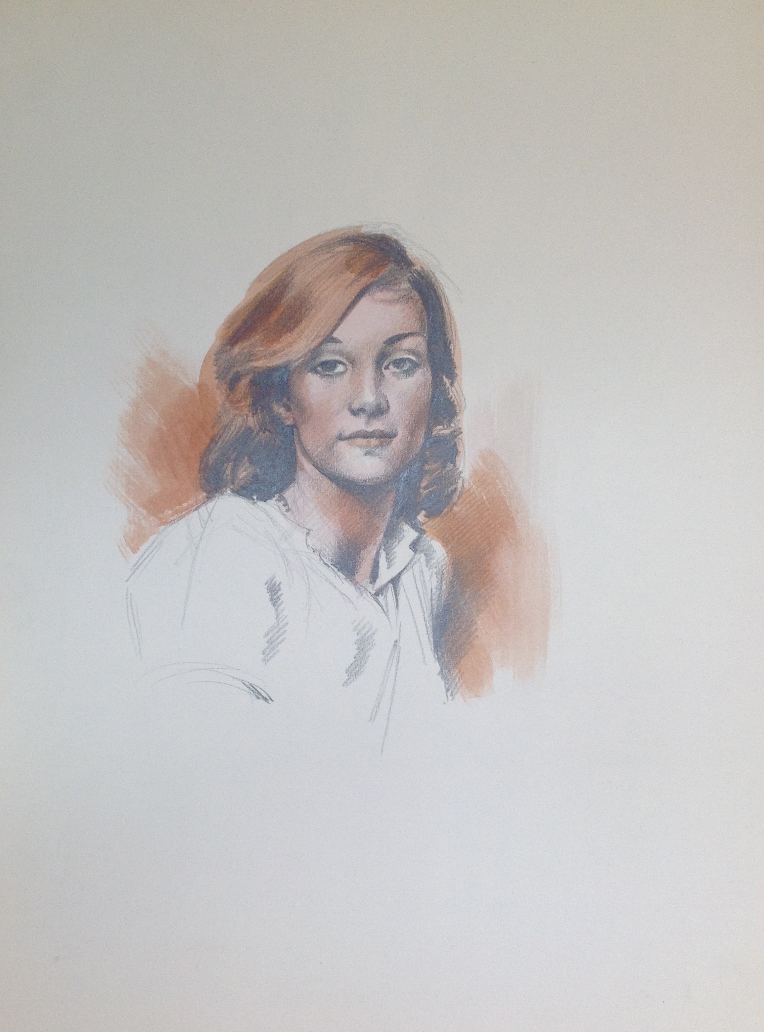 Emanuela ritratto di giovane donna di Gigi Busato, disegno a matita/guazzo, collezione di famiglia