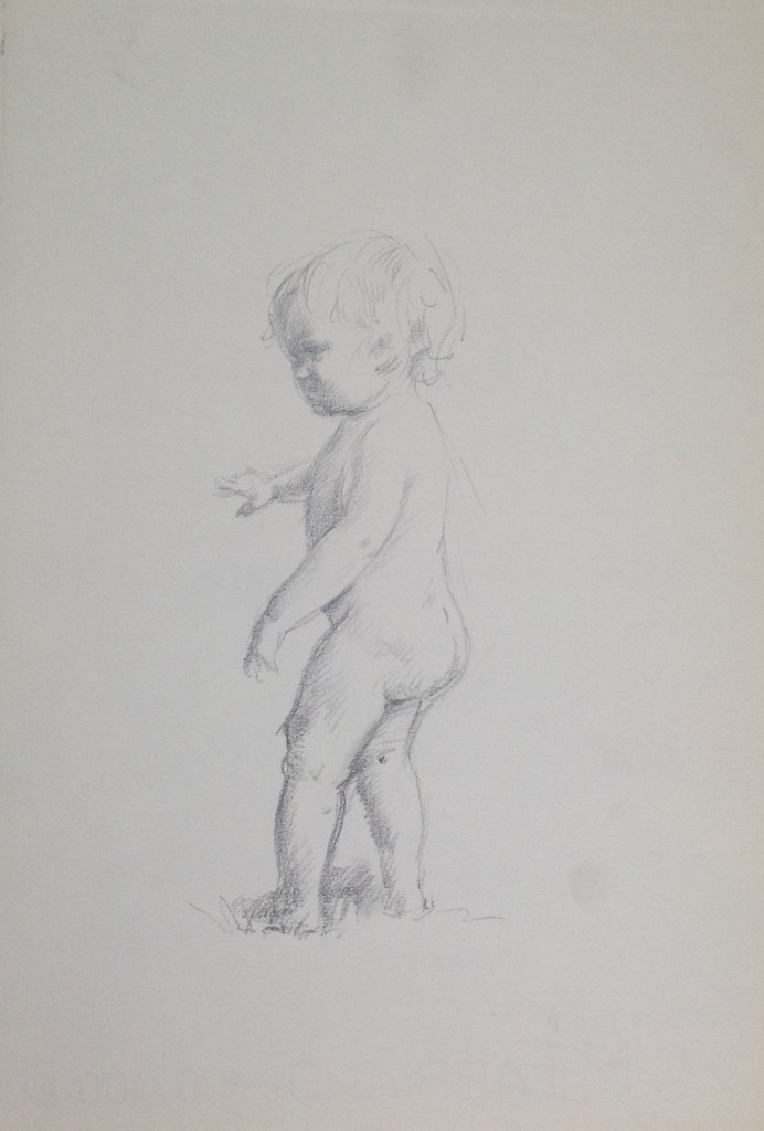 Esplorando, nudo di un piccolo bambino che cammina, di Gigi Busato, disegno a matita su carta bianco e nero. Collezione di famiglia