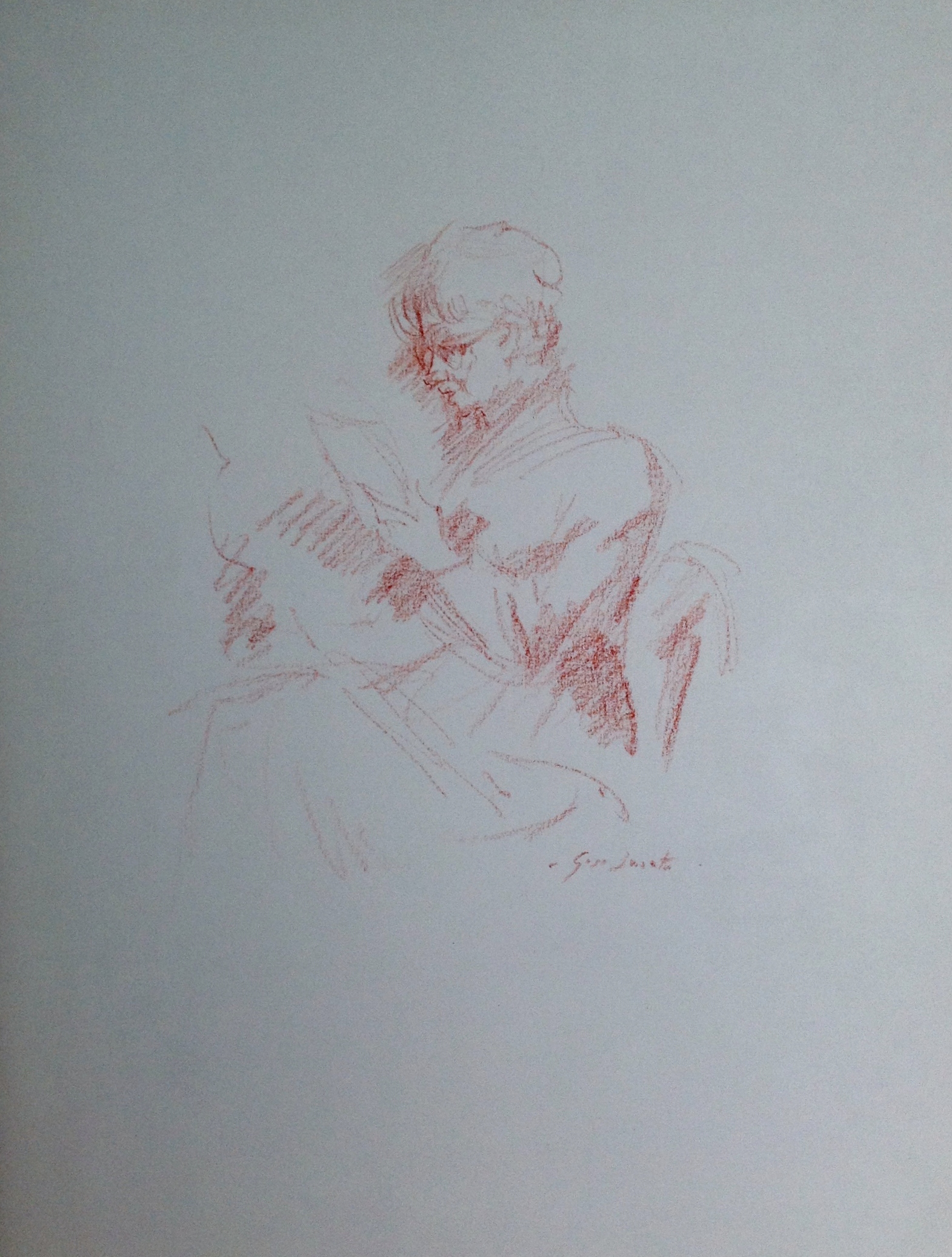 Favola, disegno di una nonna che si dedica alla lettura di una favola, di Gigi Busato. Disegno a sanguigna su carta, collezione di famiglia