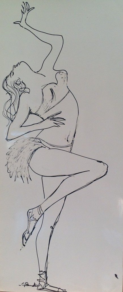 Ballerina in posa di Gigi Busato disegno a penna su carta bianco e nero collezione di famiglia