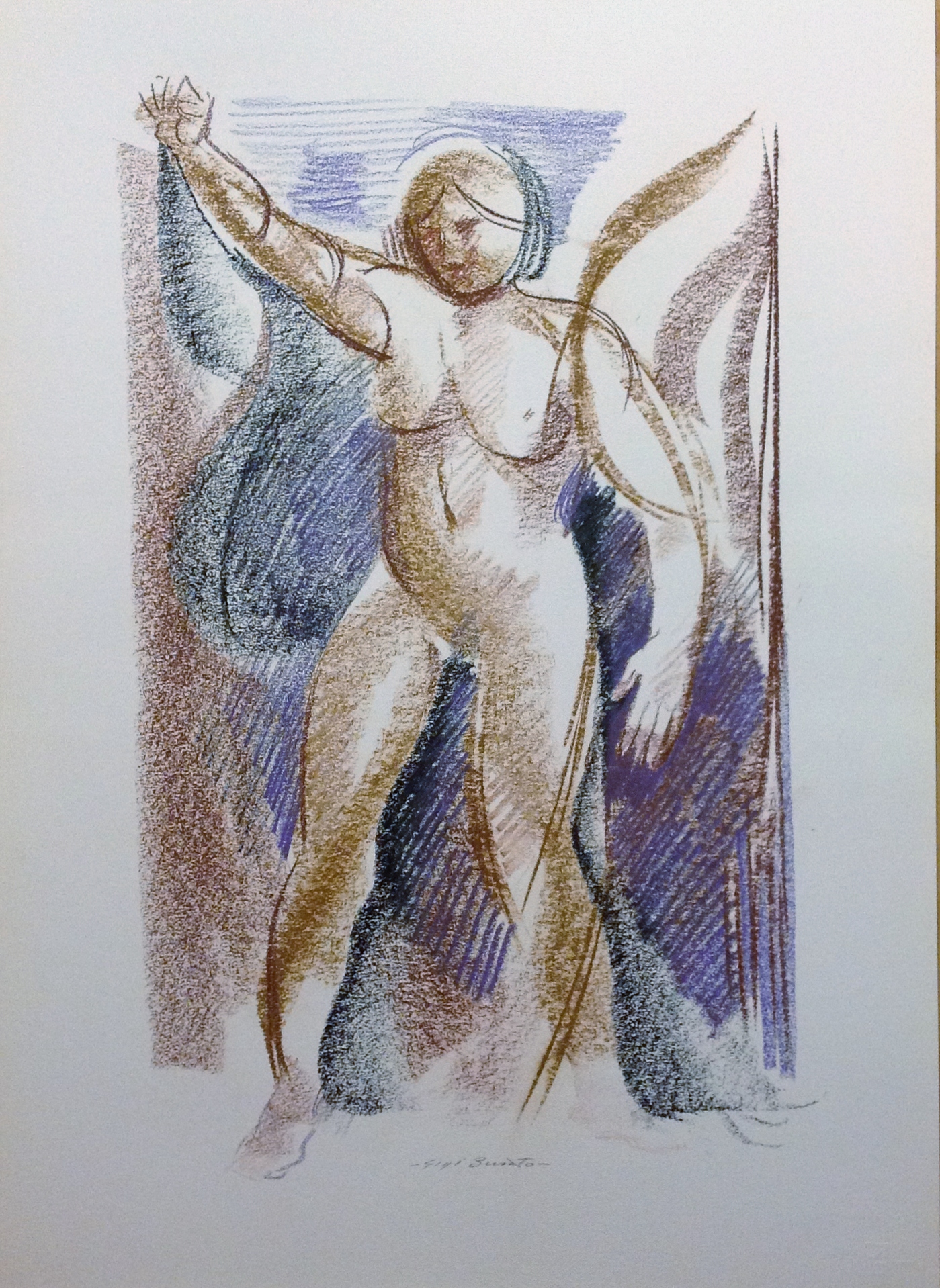 Il pugno disegno astratto di donna nuda di Gigi Busato, disegno a pastello su carta a colori collezione di famiglia