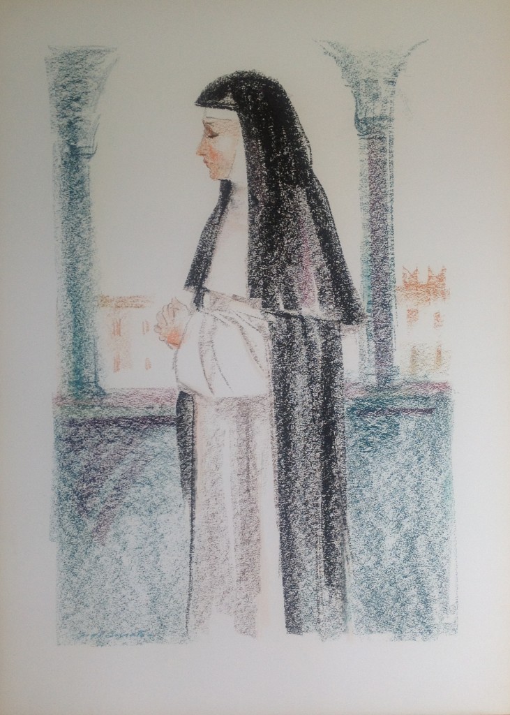 In chiostro disegno di una suora nel cortile di convento, di Gigi Busato, disegno a pastello su carta colorato, collezione di famiglia