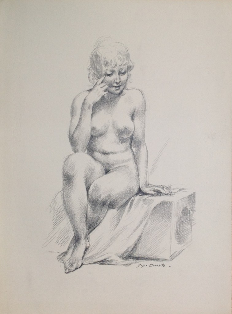 In posa donna nuda seduta che posa per Gigi Busato, disegno a matita su carta bianco e nero, collezione di famiglia