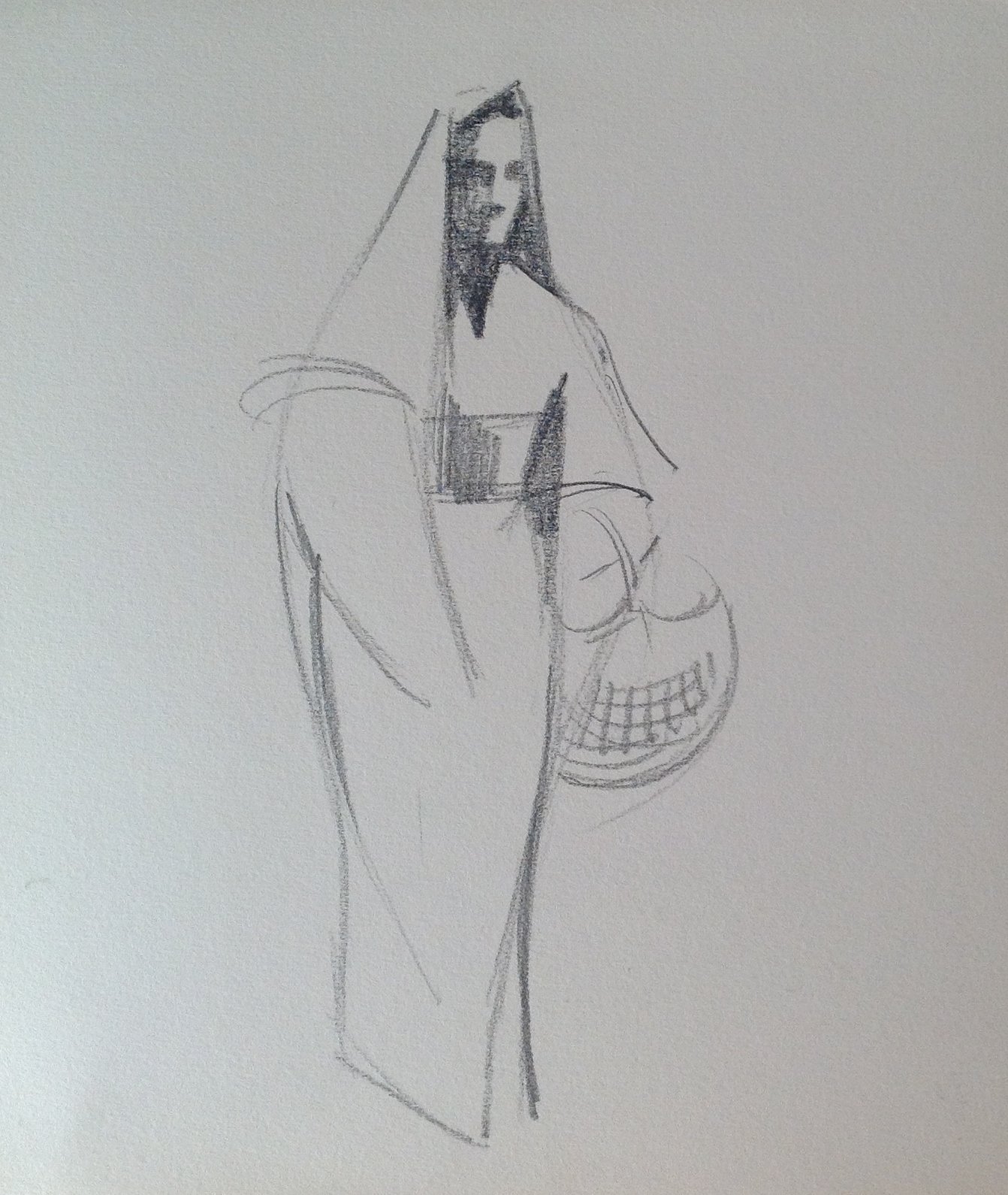 Donna in veste tradizionale con cesta di Gigi Busato disegno a matita bianco e nero su carta collezione di famiglia