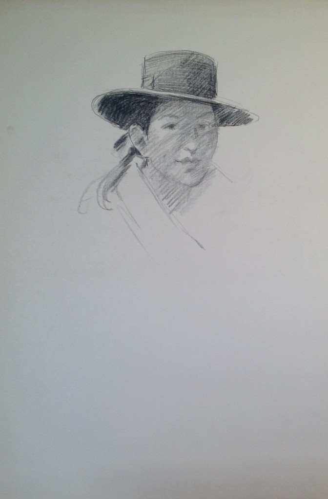 Indios uomo col cappello di Gigi Busato disegno a matita su carta bianco e nero collezione di famiglia