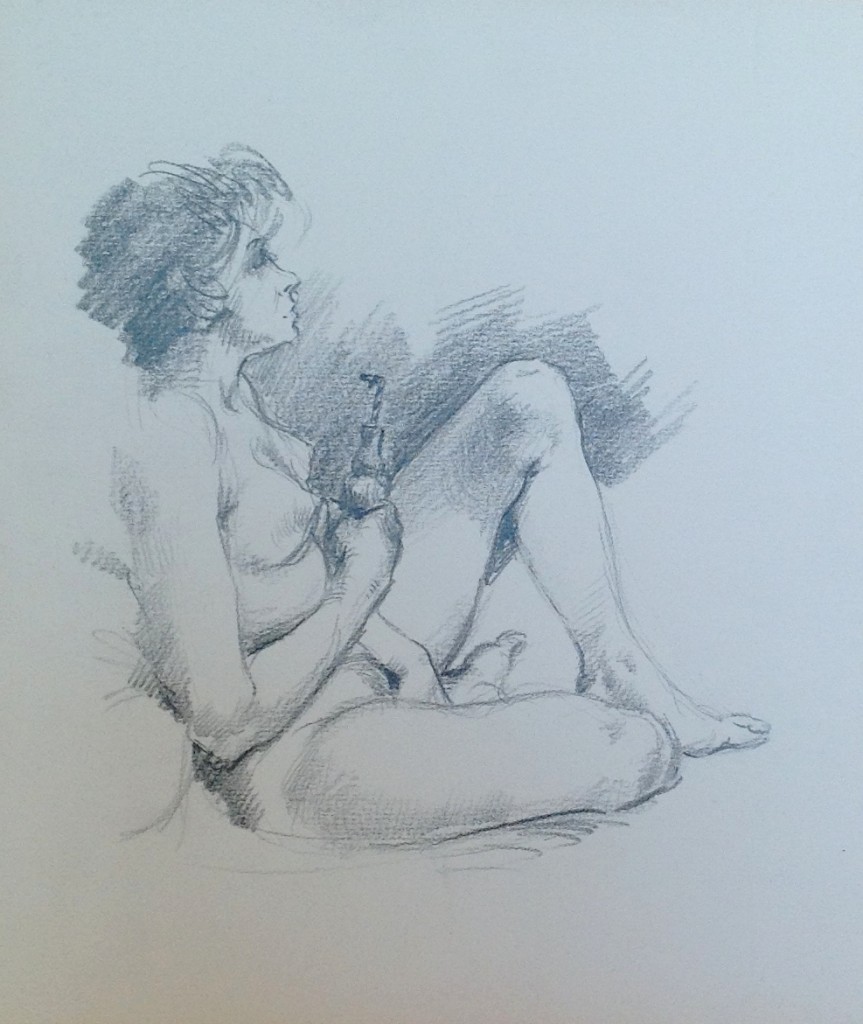 Intimità disegno di donna nuda seduta con una bibita in mano di Gigi Busato, disegno a matita su carta bianco e nero. Collezione di famiglia