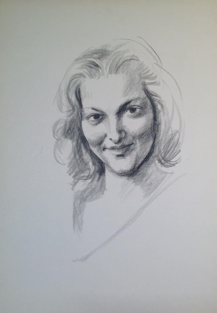 La professoressa donna col sorriso di Gigi Busato disegno a matita su carta bianco e nero collezione di famiglia