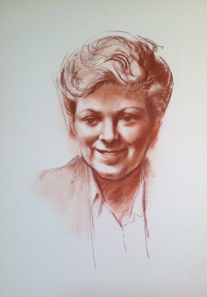 La vicina ritratto di donna sorridente di Gigi Busato disegno sanguigna/seppia su carta collezione di famiglia