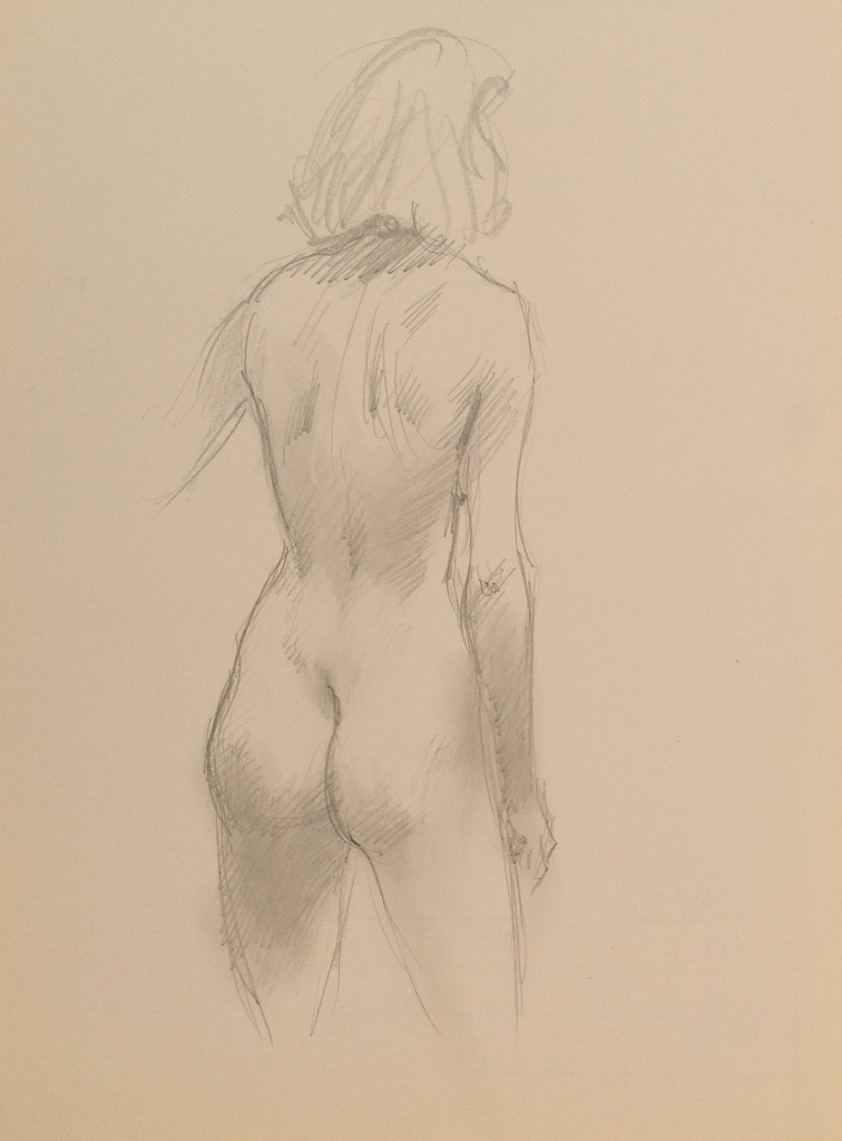 Nudo di donna ritratto di giovane donna di spalle. Opera di Gigi Busato, disegno a matita su carta bianco e nero, collezione di famiglia