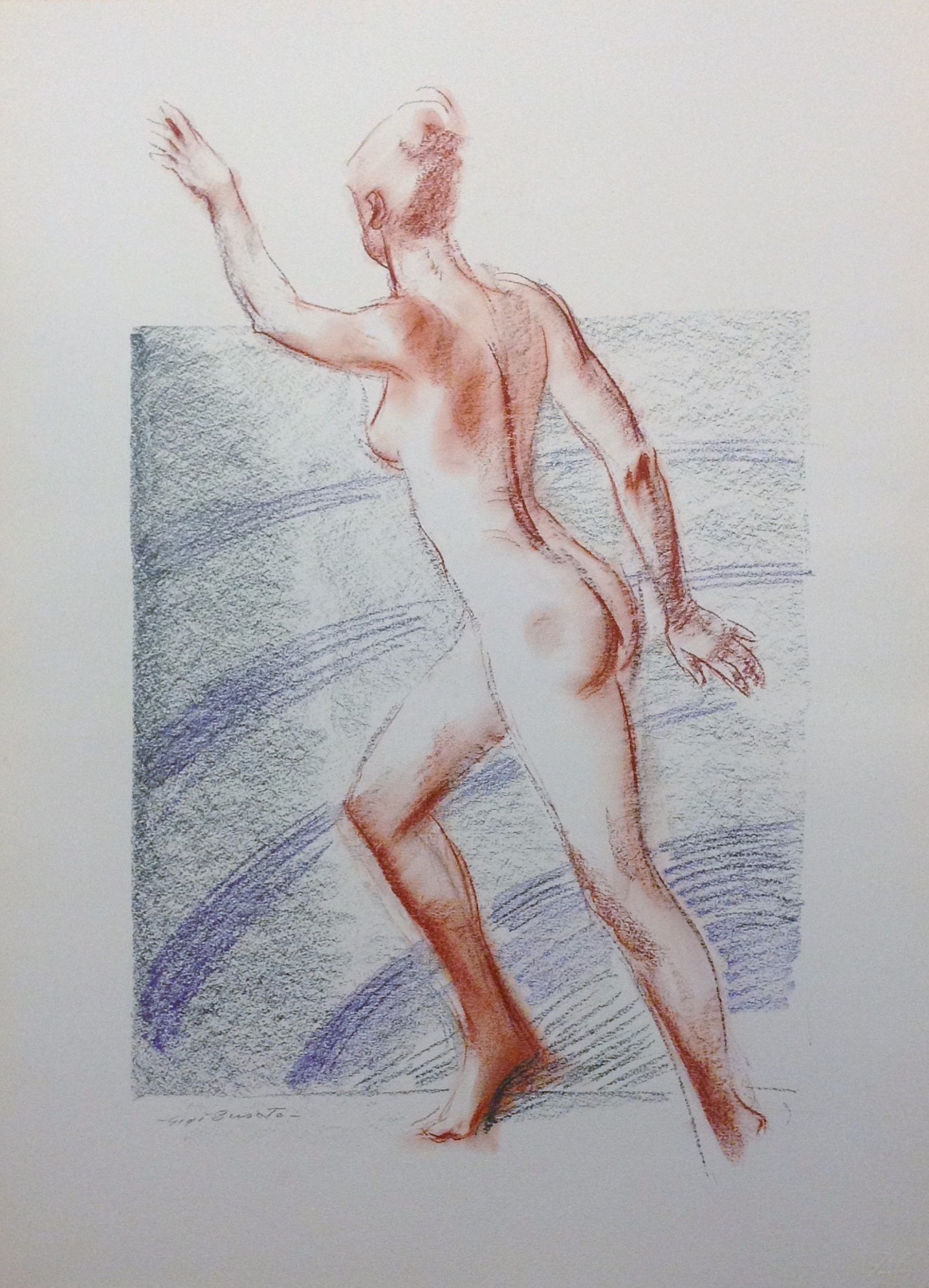 Nudo di donna disegno astratto di donna nuda un movimenti di Gigi Busato, disegno a pastello su carta a colori, collezione di famiglia