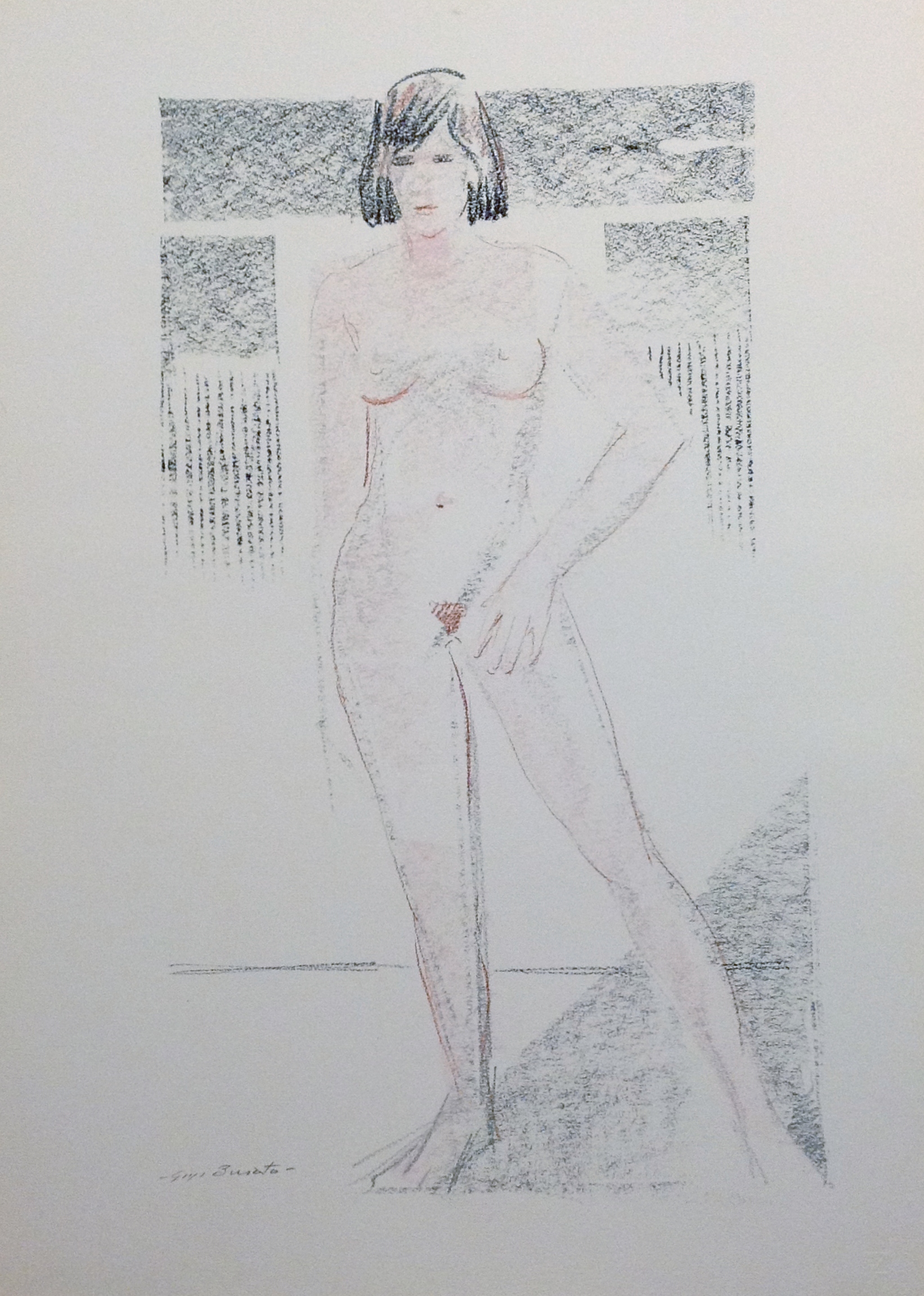 Nudo di donna disegno astratto di donna nuda, di Gigi Busato, disegno a pastello su carta a colori, collezione di famiglia