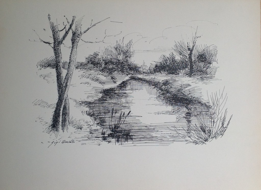 Panta rei, paesaggio con fiume che scorre di Gigi Busato, disegno a penna su carta bianco e nero. Collezione di famiglia