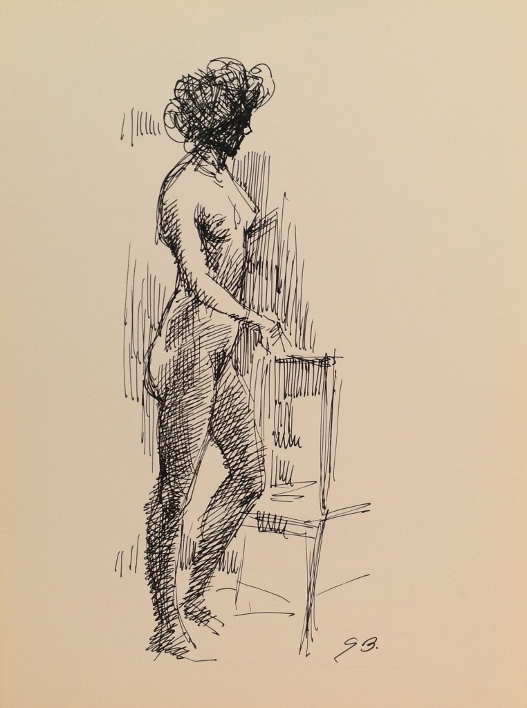 Posa, disegno di donna nuda in posa dietro una sedia di Gigi Busato, disegno a penna su carta bianco e nero, collezione di famiglia