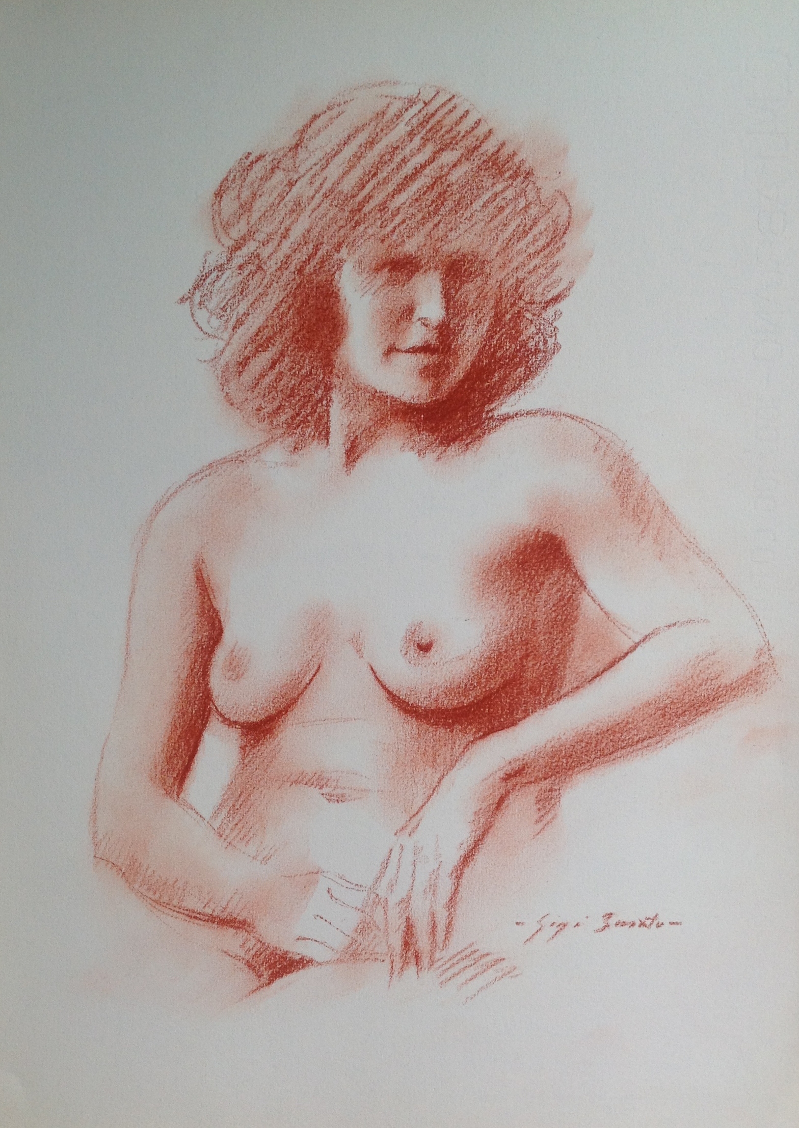 Posa di donna disegno di donna nuda seduta di Gigi Busato disegno a sanguigna su carta collezione di famiglia
