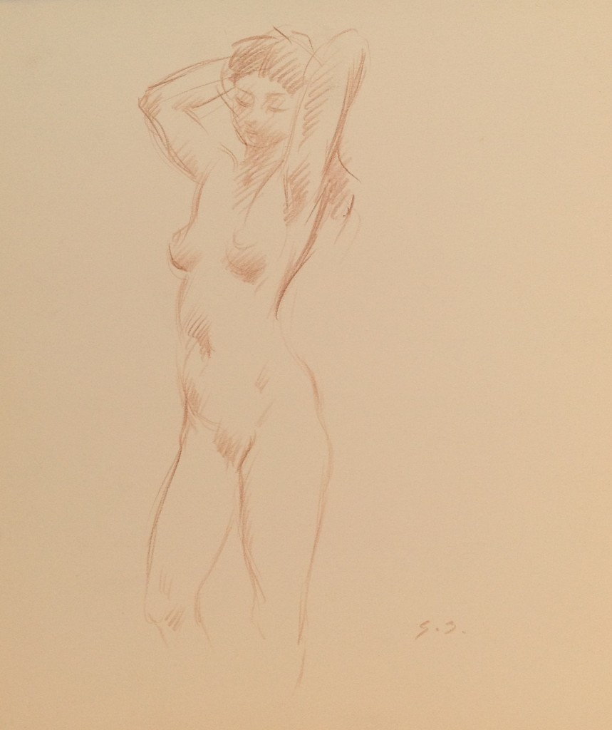 Posa suadente ritrae una donna nuda con le mani tra i capelli, di Gigi Busato. Disegno sanguigna su carta, collezione di famiglia