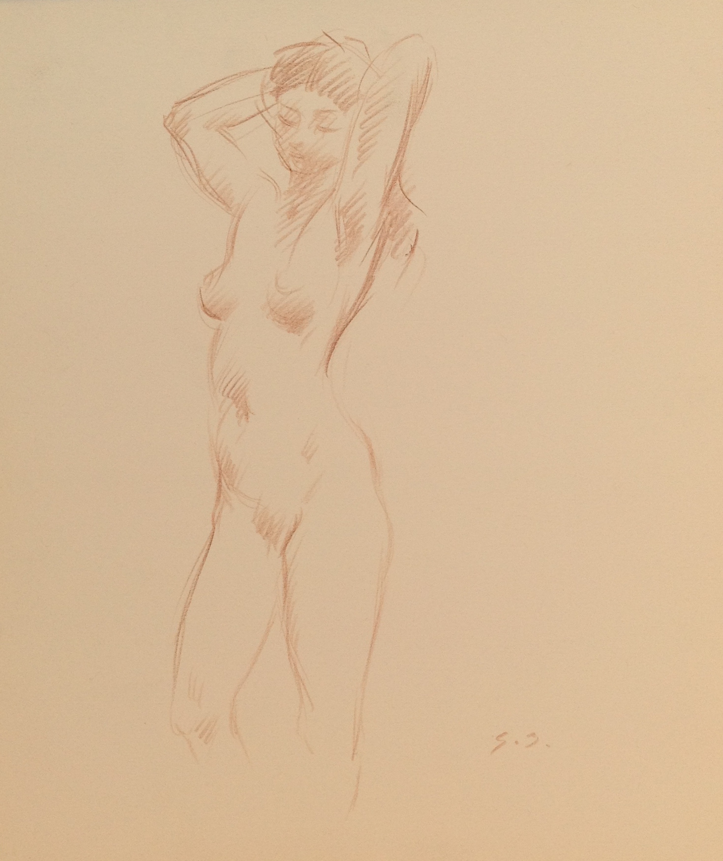 Posa suadente ritrae una donna nuda con le mani tra i capelli, di Gigi Busato. Disegno a matita su carta bianco e nero, collezione di famiglia