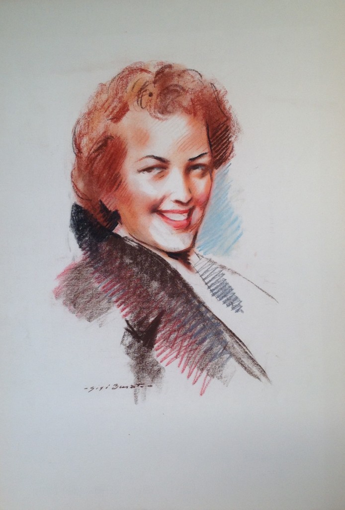 Raggiante ritratto di donna sorridente di Gigi Busato disegno a pastello su carta a colori collezione di famiglia