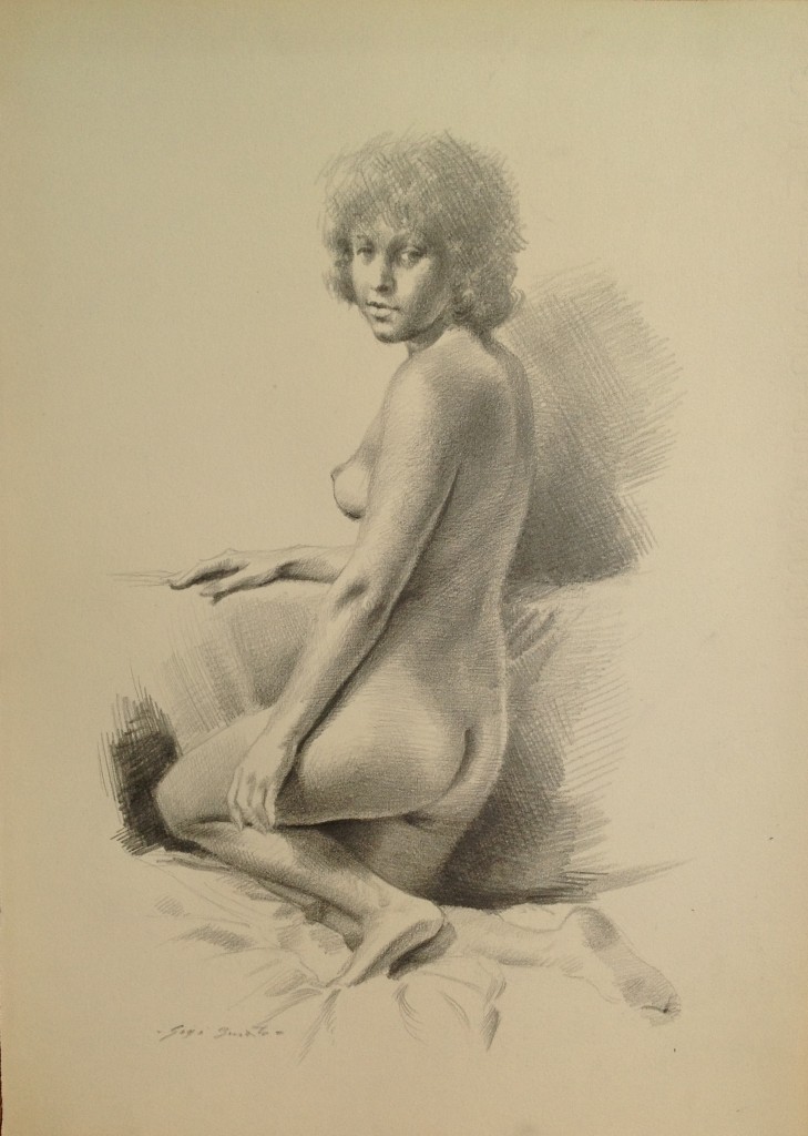 Richiamo donna nuda che posa di spalle, di Gigi Busato, disegno a matita su carta bianco e nero, collezione di famiglia