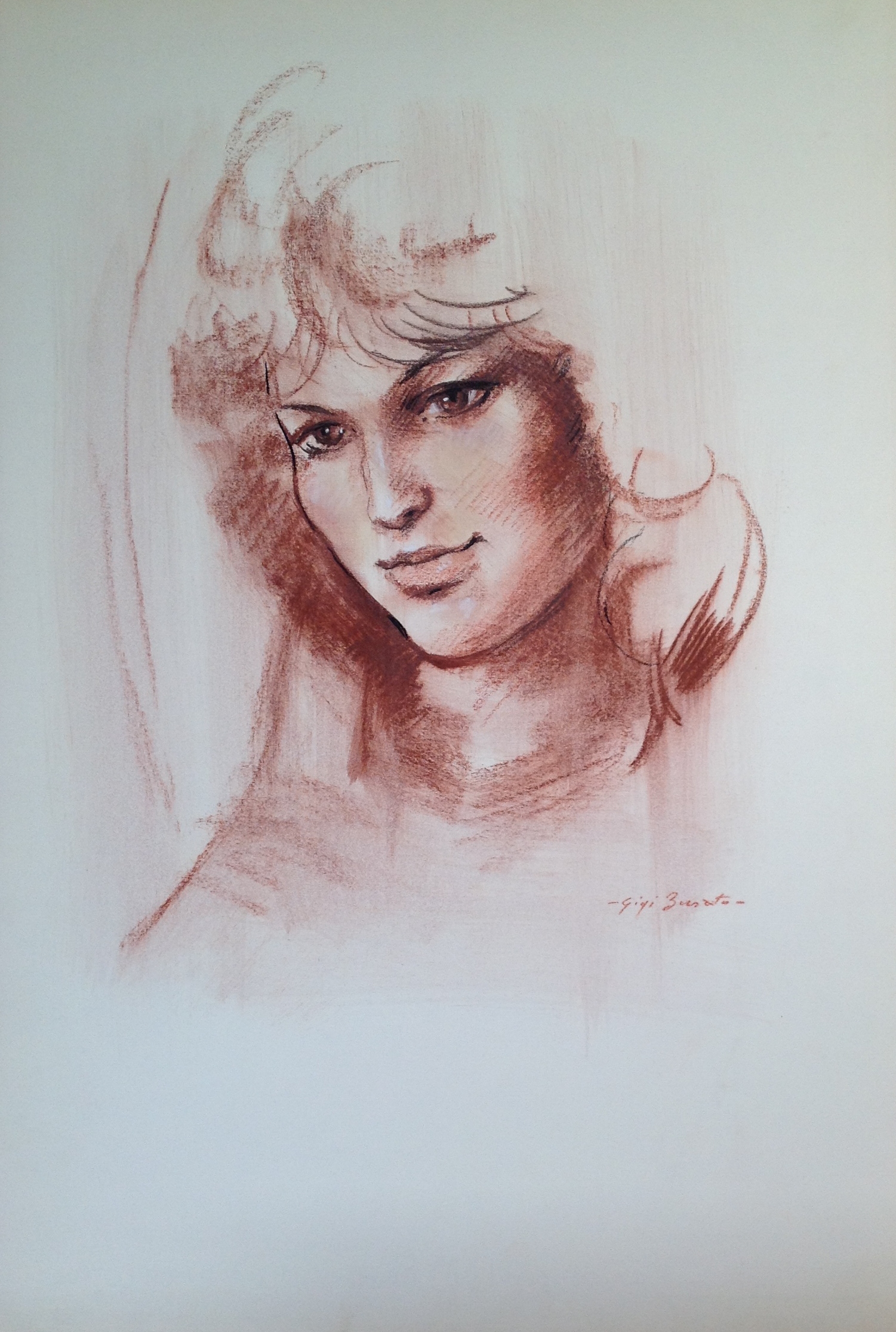 Ritratto di donna di Gigi Busato disegno sanguigna/guazzo su carta collezione di famiglia