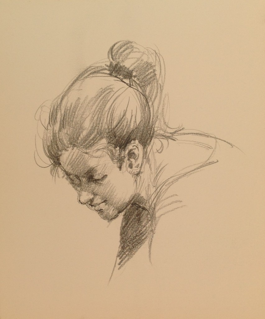 Ritratto di donna,giovane donna con i capelli raccolti di Gigi Busato, disegno a matita su carta bianco e nero, collezione di famiglia