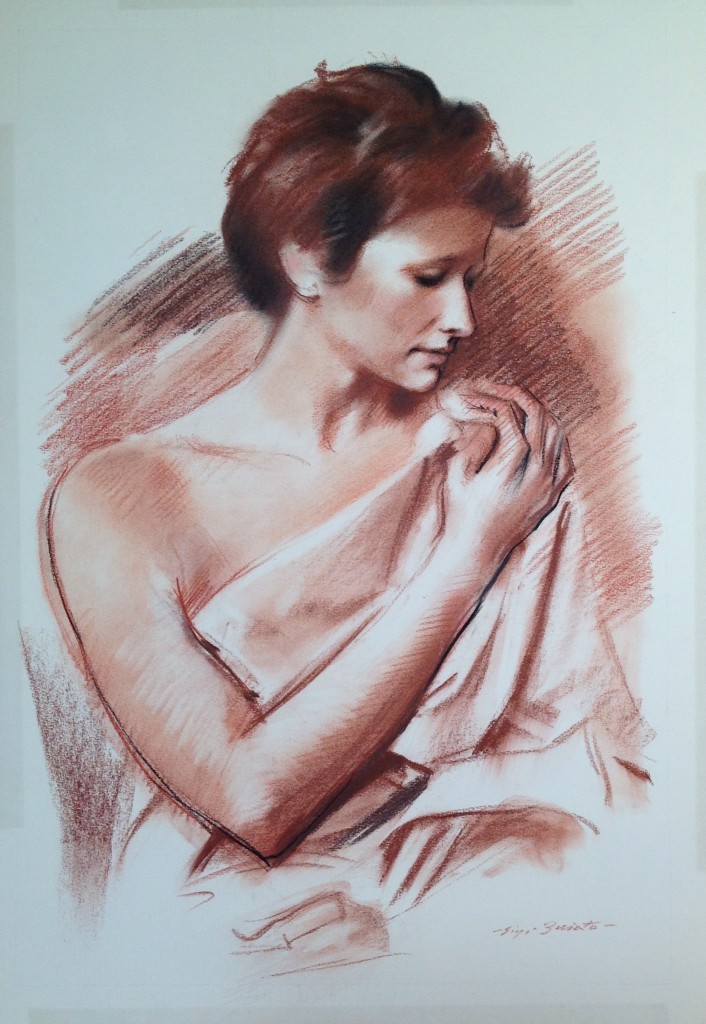 Ritratto di donna profilo di Gigi Busato  disegno sanguigna/seppia collezione di famiglia
