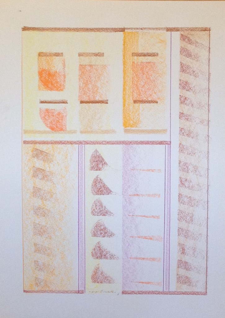 Scomparti disegno astratto con forme varie geometriche di Gigi Busato. Disegno a pastello su carta a colori. Collezione di famiglia