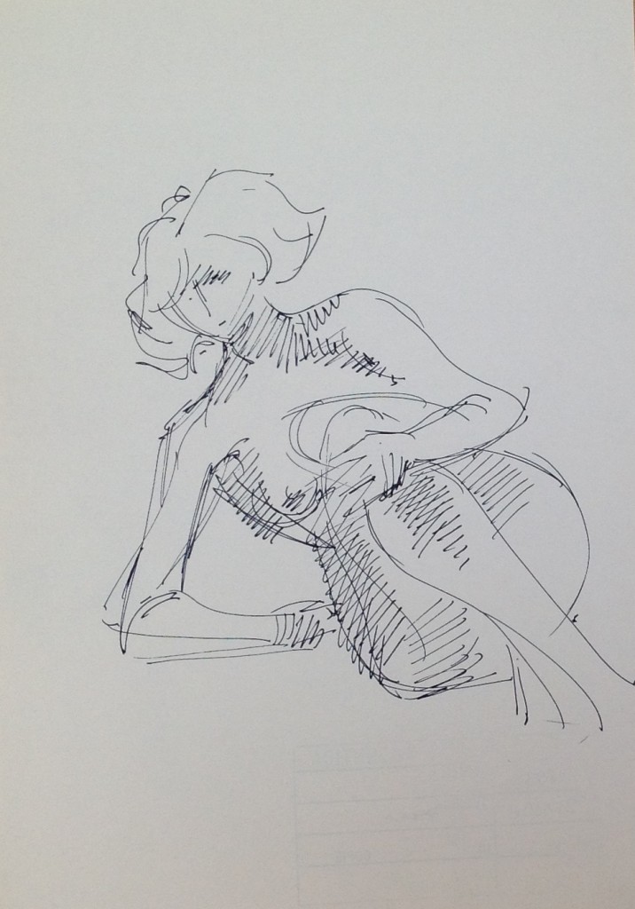 Se stessa donna nuda seduta a terra intimamente raccolta di Gigi Busato. Disegno a penna su carta bianco e nero . Collezione di famiglia