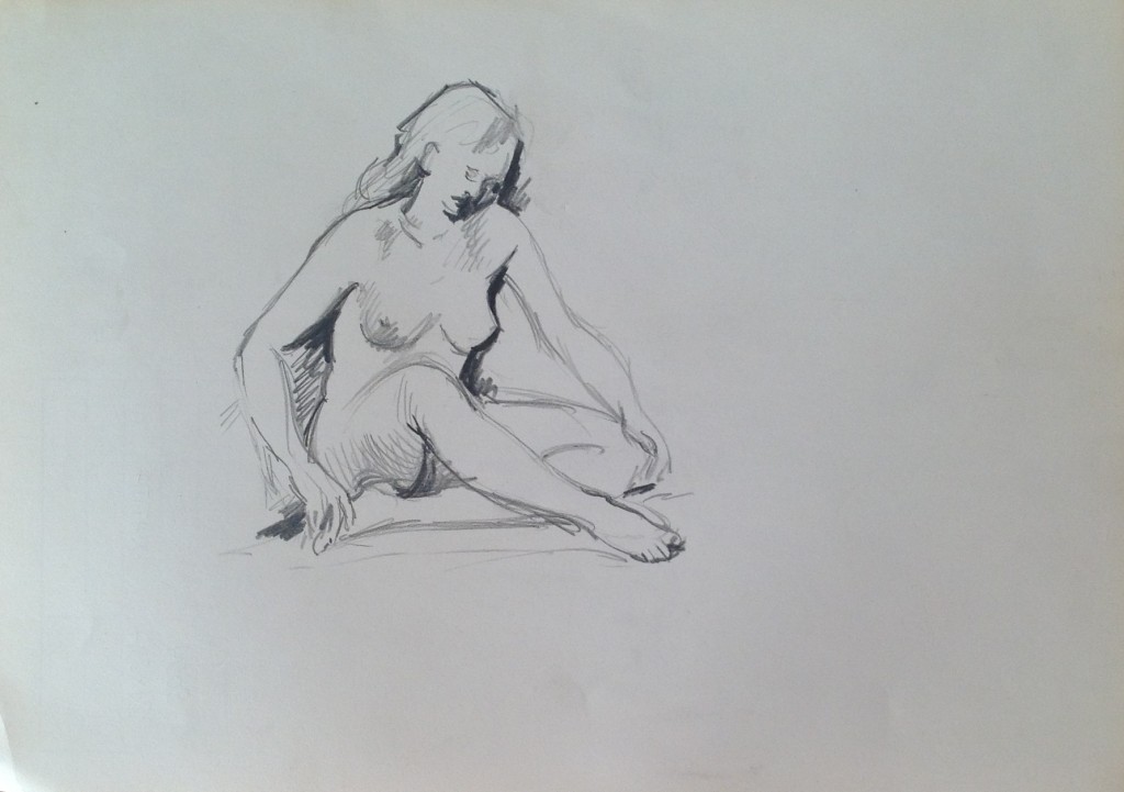 Seduta donna nuda  di Gigi Busato  disegno a matita su carta bianco e nero collezione di famiglia