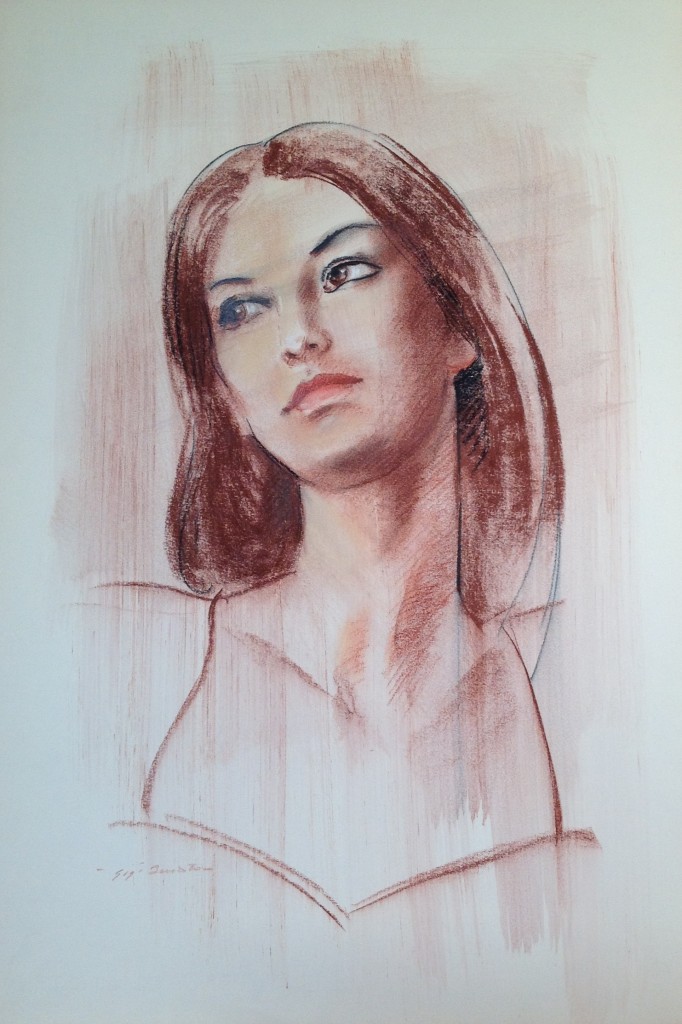Sentimentale ritratto di donna sentimento di Gigi Busato disegno pastello su carta colorato collezione di famiglia