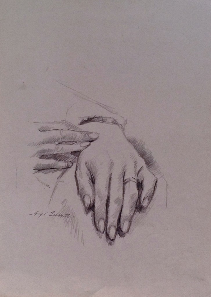 Sposa, disegno di due mani femminili con la fede nuziale, di Gigi Busato.Disegno a matita su carta bianco e nero.Collezione di famiglia