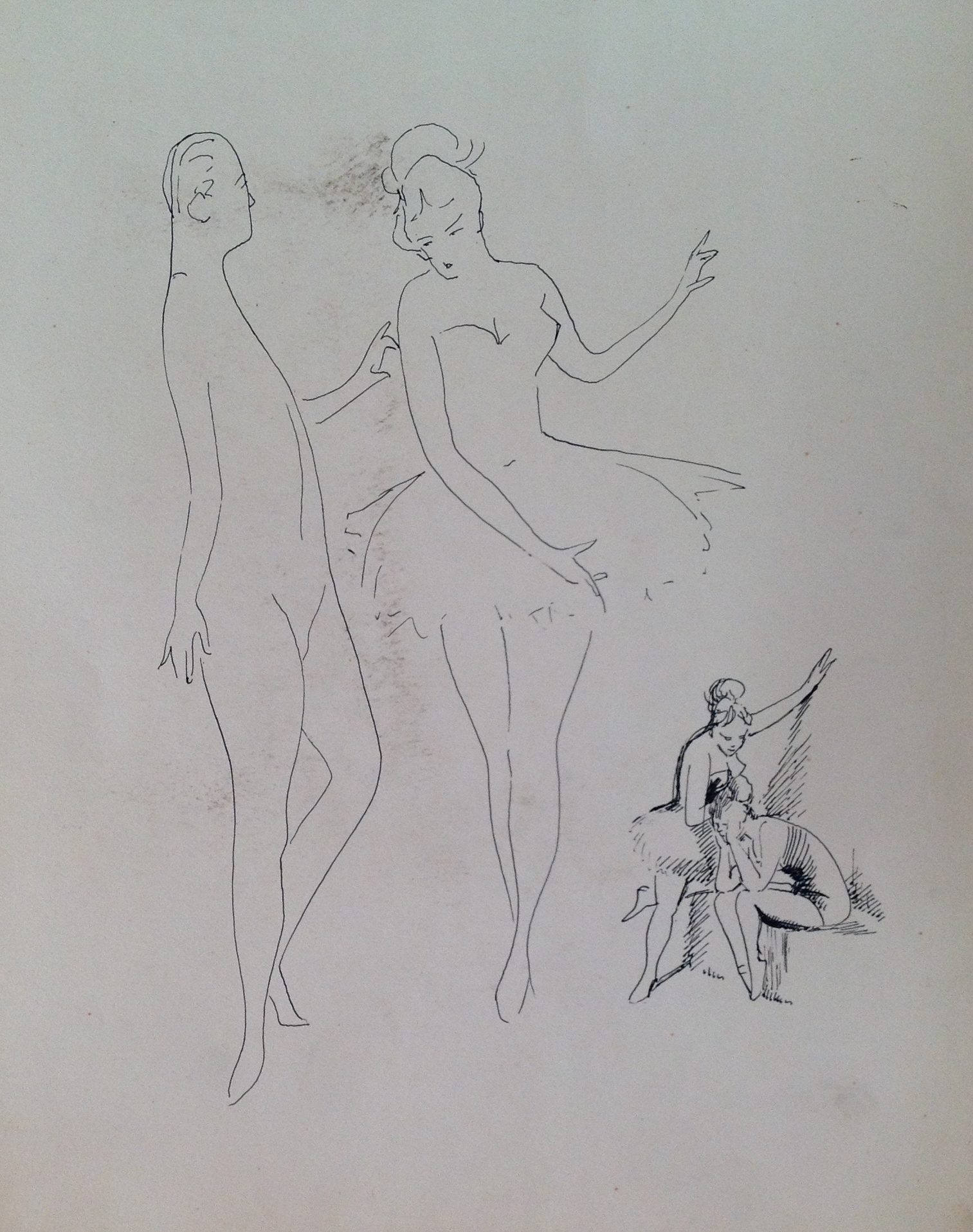 Studio di ballerini uomo e donna in tutù di Gigi Busato disegno a penna bianco e nero su carta collezione di famiglia