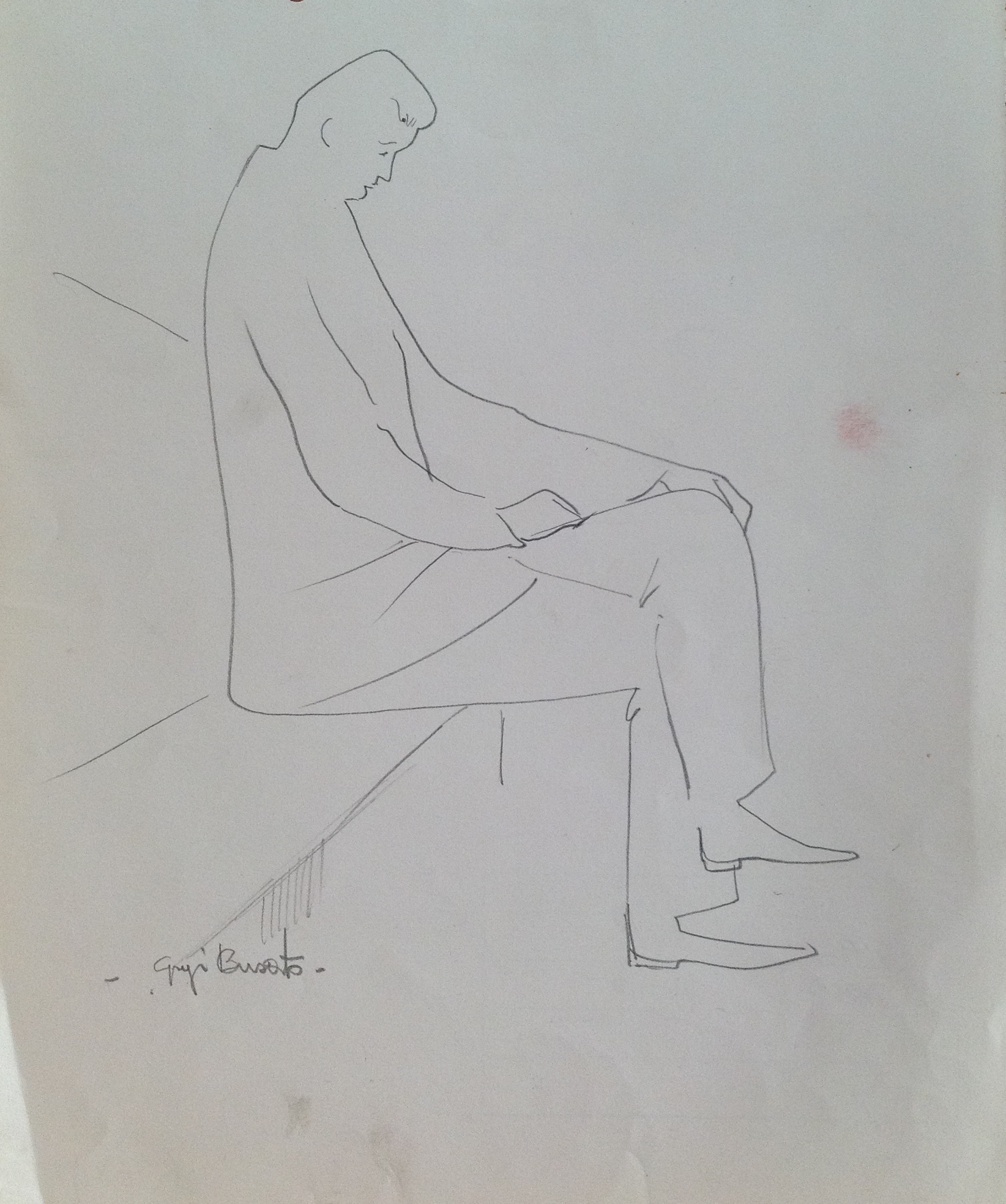 Sulla panca uomo seduto da solo di Gigi Busato disegno a matita su carta bianco e nero collezione di famiglia